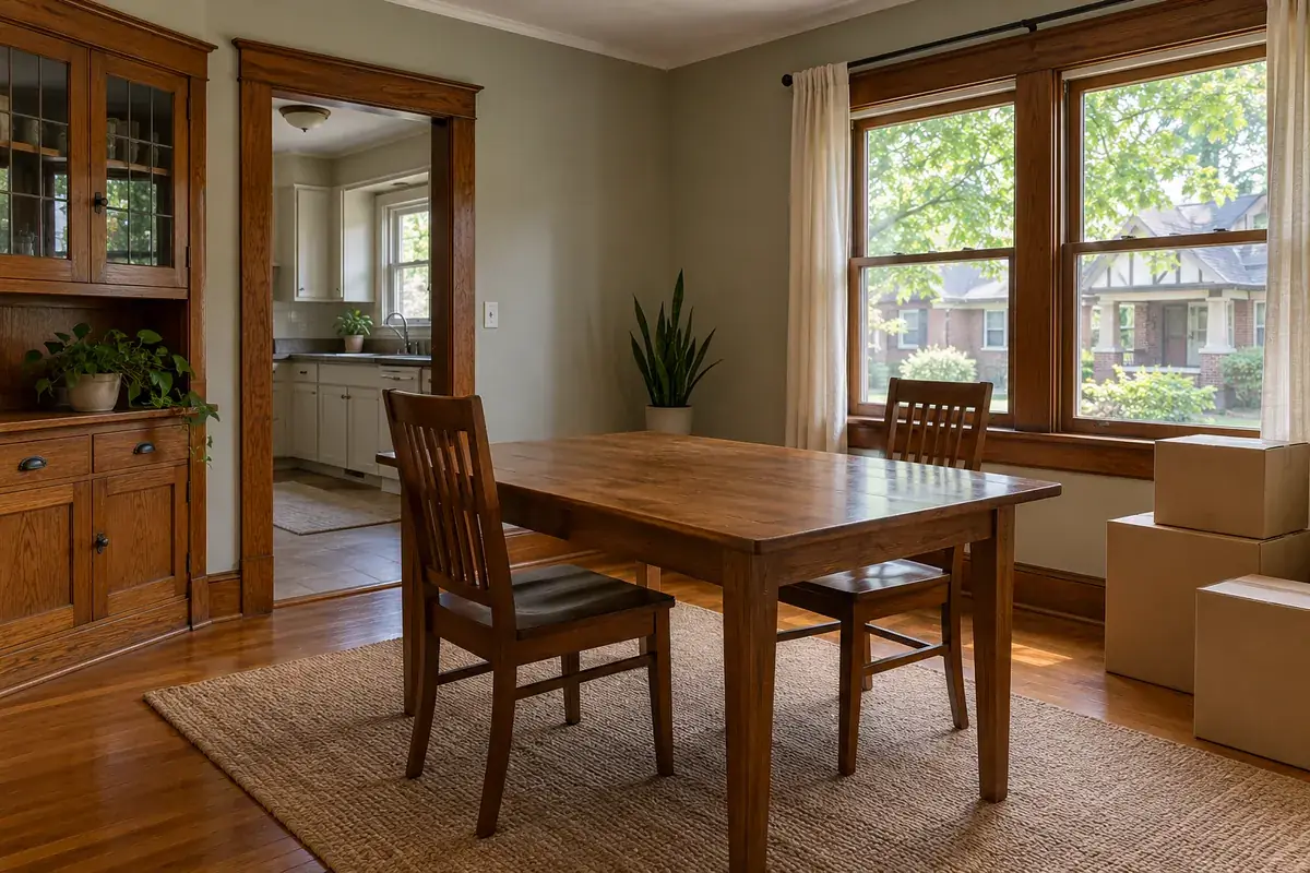 A cleared dining room with boxes by the window