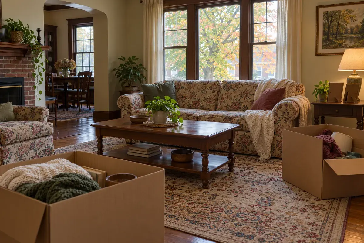 Living room of an older family home with a few packed boxes