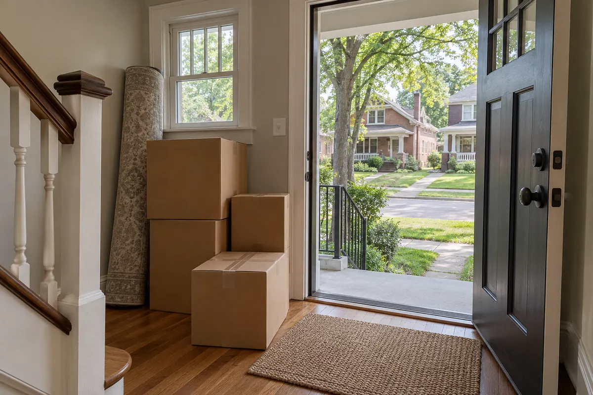 Moving boxes stacked by the front door of a house